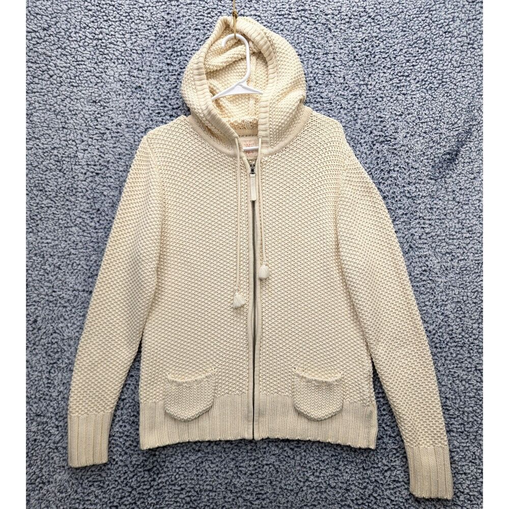 VTG Old Navy Full Zip Crochet Knit Hoodie Size XL Boho Fisherman 90s Y2K Beige
